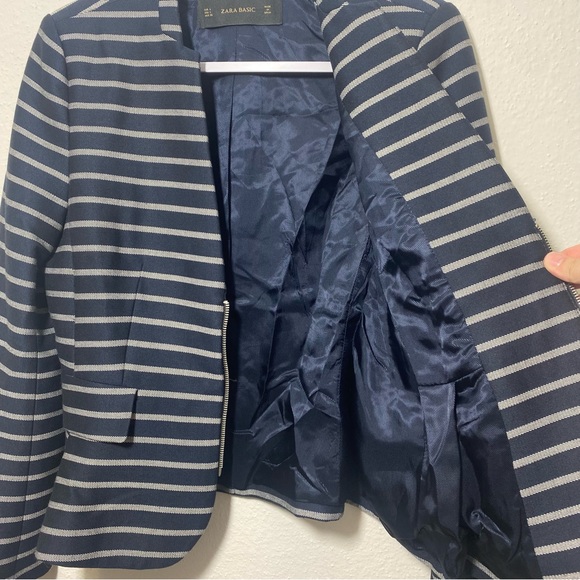 Zara Blue Striped Peplum Pocket Career Blazer Jacket, Large NEW - Picture 6 of 14